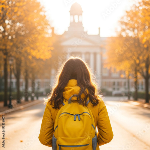 Wallpaper Mural Woman with yellow jacket and backpack walking towards a building on a sunny autumn day Torontodigital.ca