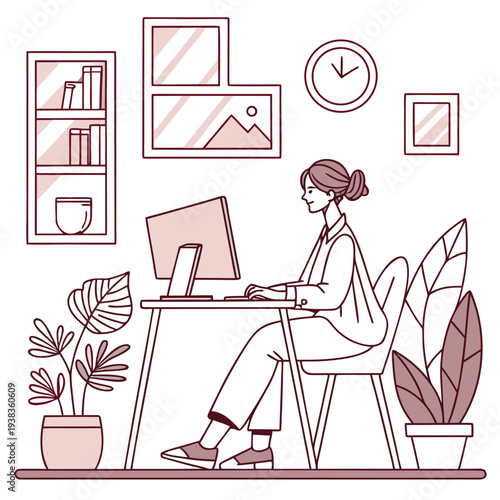 Female Freelancer Working on Computer Line Drawing