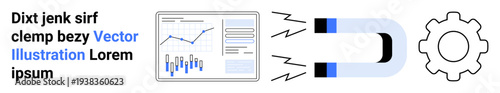 Tablet displaying growth charts, magnet with pointed lines, and a gear icon. Ideal for business analytics, data visualization, marketing attraction, conversion, technical processes, automation