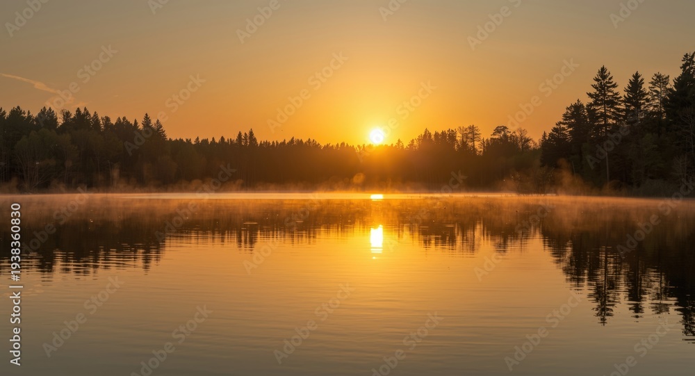 Obraz premium Calm lake waters glowing softly at sunrise within a natural refuge