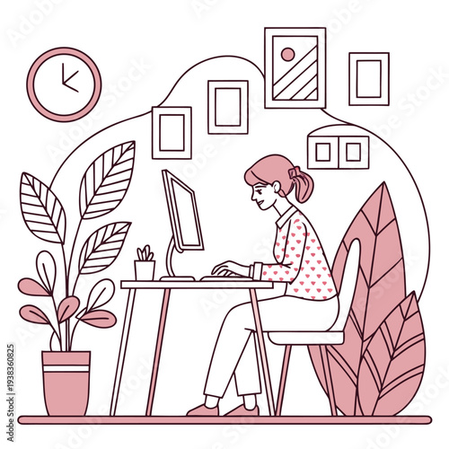 Modern Remote Work Concept with Woman at Computer