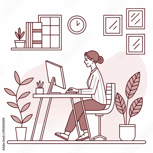 Woman Working at Computer in Modern Home Office Line Art