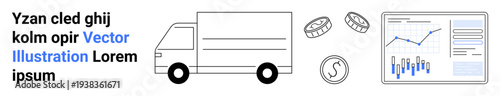 Delivery truck, graph analysis screen, and coins symbolize logistics, finance, and business growth. Ideal for e-commerce, finance, data analysis, delivery services, economic studies, financial