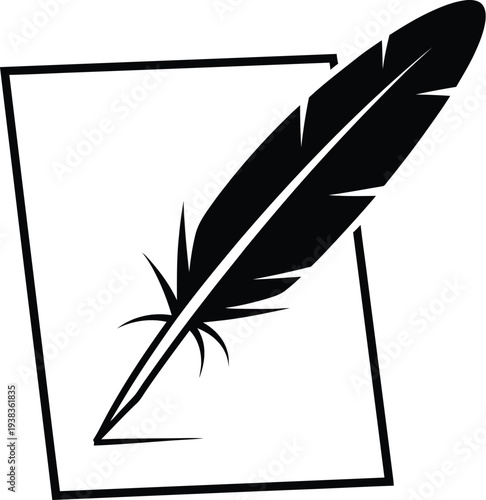 Stylized black and white vector icon depicting a traditional quill pen poised above a simple rectangular writing surface outline.