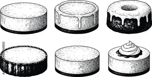 Vintage Engraved Cake Base and Frosted Cake Collection with Bakery Dessert Illustration Set