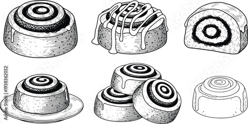 Vintage Engraved Cinnamon Roll Pastry Collection with Icing Drizzle Bakery Dessert Illustration Set