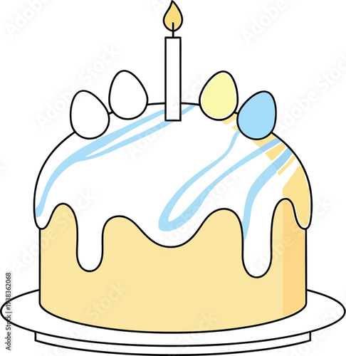 A charming Easter cake illustration featuring pastel icing, colorful eggs, and a lit candle on a white plate ready for celebration.