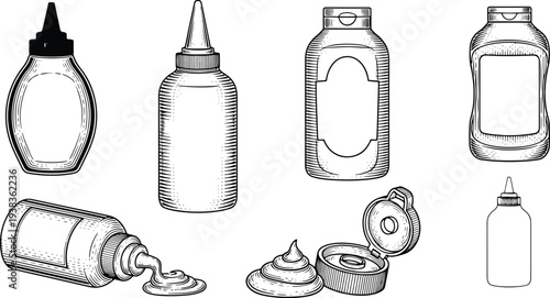 Vintage Engraved Condiment Bottle Collection with Squeeze Sauce Containers and Kitchen Packaging Illustration