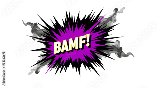 Explosive Comic Book Sound Effect BAMF Text with Purple Burst and Smoke