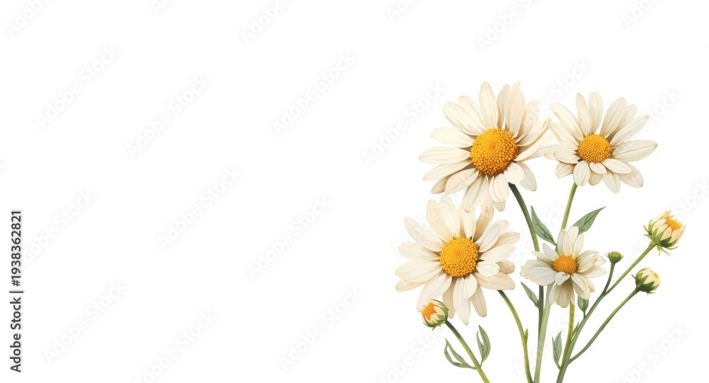 Obraz premium Chamomile floral watercolor artwork with white negative space for versatile fabric and scrapbooking use