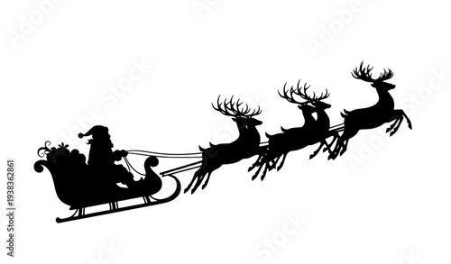 A black silhouette of Santa Claus riding in his sleigh pulled by reindeer across a white background