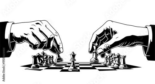 Chess game strategy - hands moving pieces on the board, competition concept.