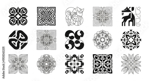 Collection of intricate black and white ornamental patterns and designs for various uses.