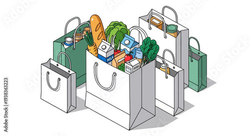 Assorted shopping bags filled with various grocery items and products.