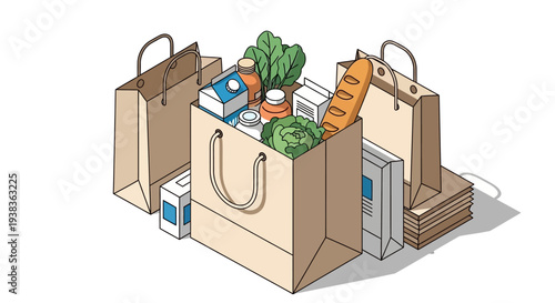 Assorted paper bags filled with various household and grocery items.
