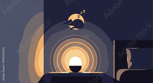 A serene illustration of a glowing lamp illuminating a peaceful night scene with a sleeping moon.