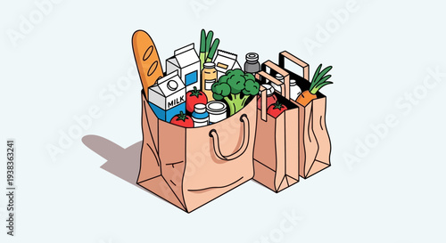 Grocery shopping bags filled with various food items and household essentials.