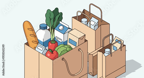 Grocery shopping bags filled with various food items and household essentials.