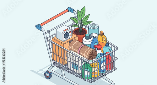 Shopping cart filled with various household and grocery items.
