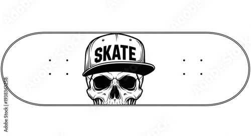 Skateboard deck design featuring skull wearing a cap with the word SKATE, black and white illustration.
