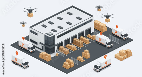 Isometric Warehouse with Trucks and Drones Delivering Packages.