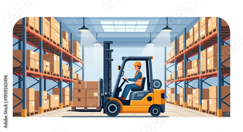 Warehouse worker operating a forklift carrying boxes in storage facility.