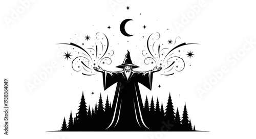 Mystical wizard casting spells with celestial energy in a dark forest setting.