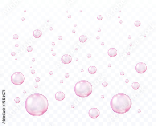 Soap bubbles underwater texture isolated on transparent background. Vector fizzy air, gas or oxygen under water. 3d pink champagne drink, soda effect template