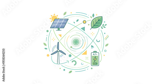 Vibrant vector illustration of renewable energy and environmental sustainability, showcasing solar power, wind turbines, and energy storage solutions for a greener future