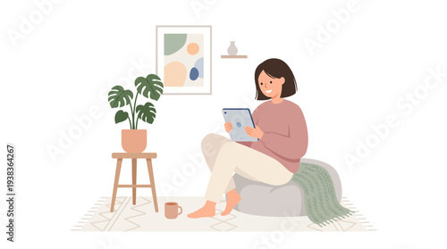 Young woman relaxing at home, comfortably using a tablet computer while sitting on a bed with a houseplant and mug nearby