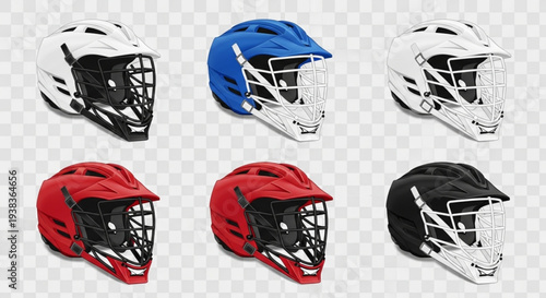 Collection of Six Lacrosse Helmets in Various Colors.
