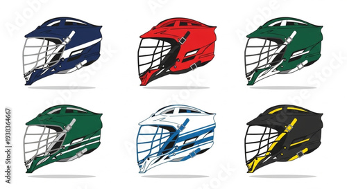 Collection of Six Lacrosse Helmets in Various Colors.