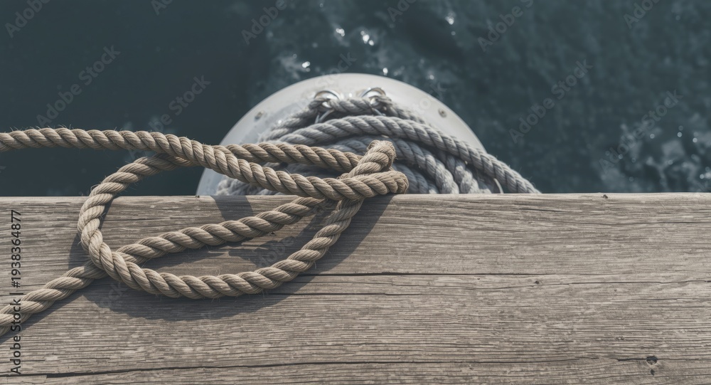 Fototapeta premium Close-up photograph of a braided rope resting on a sun-bleached wooden dock near fenders