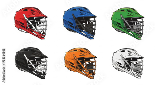 Collection of Six Lacrosse Helmets in Various Colors.