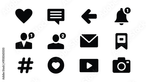 Social media engagement icons with notifications and interactions on white background