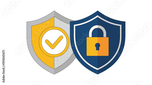 Security shield icons, digital protection symbols, data privacy safeguard graphics, verification badge with checkmark, padlock secure access indicator, cybersecurity authentication concept