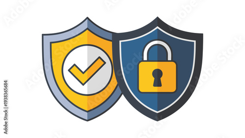 Security shield icons, digital protection symbols, data privacy safeguard graphics, verification badge with checkmark, padlock secure access indicator, cybersecurity authentication concept