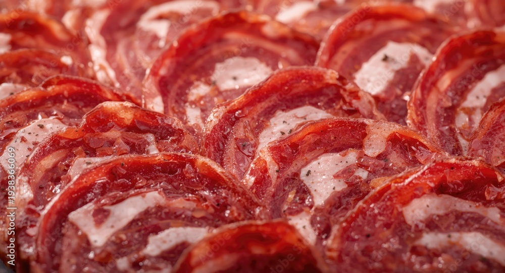 Obraz premium Detailed macro perspective of chorizo salami slices with visible marbling on table
