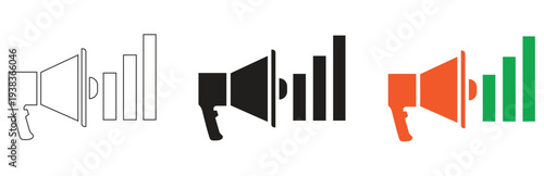 Set of three megaphone icons with ascending bar graphs representing sound volume levels and communication outreach for marketing and promotion