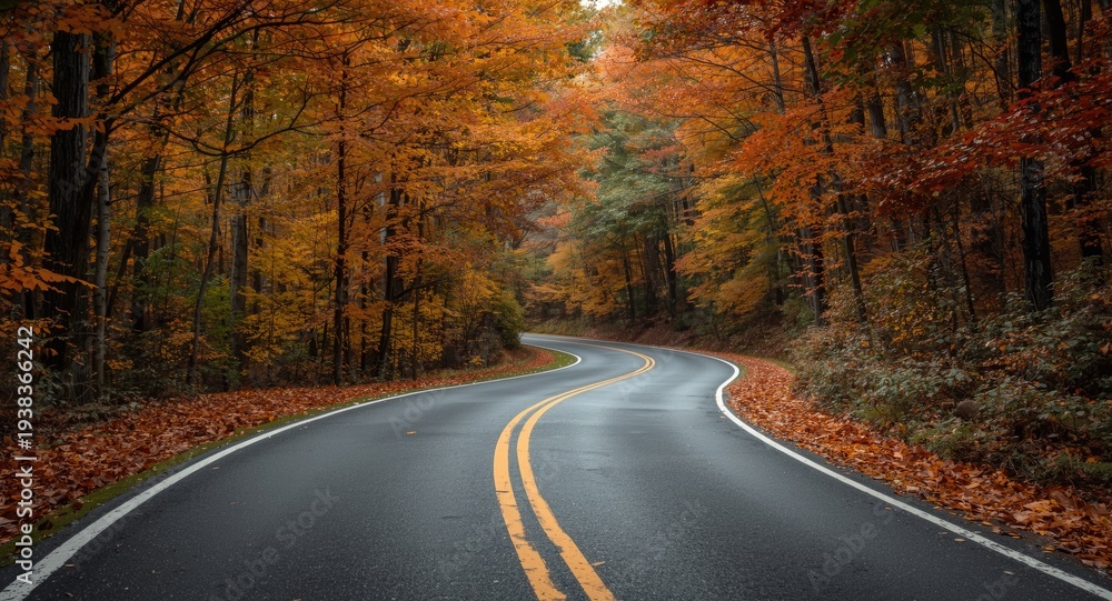 Naklejka premium Asphalt parkway road bending through dense forest full of autumn leaf colors