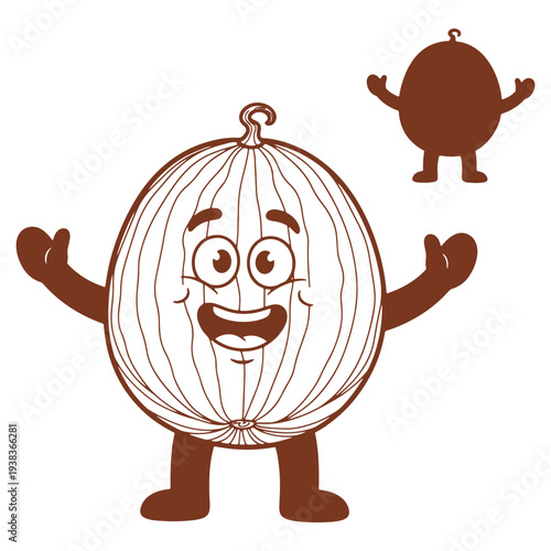 Cartoon onion character with arms raised smiling isolated on white background