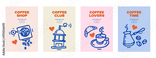 Hand drawn vintage coffee shop poster set. Cafe menu, bakery packaging design concept. Whimsical sketch vector illustration.