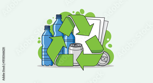 Recycling Symbol with Plastic Bottles and Aluminum Can