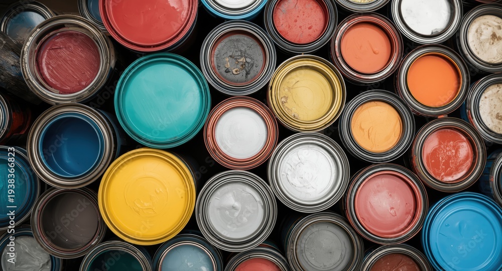 Fototapeta premium Collection of leftover colored paint cans from household hazardous waste