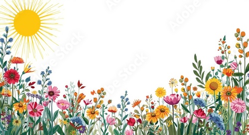 Colorful abstract floral composition with natural motifs and a luminous spring sun background promoting health