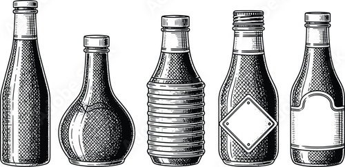 Vintage Engraved Glass Bottle Collection with Retro Beverage and Sauce Bottle Illustration Set