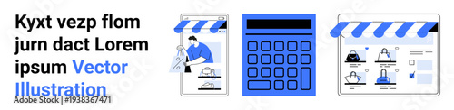 Tablet with shopping cart, person scanning items, calculator, e-commerce website screens. Ideal for online shopping, e-commerce, payment processing, retail management, sales analysis financial