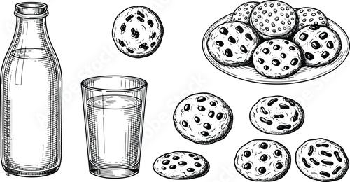 Vintage Engraved Milk Bottle, Glass and Chocolate Chip Cookies Dessert Illustration Collection
