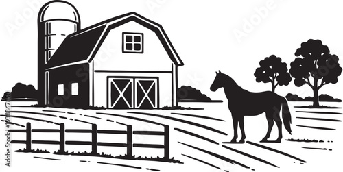 Black and white of a rural farm scene with a barn silo horse and trees also transparent background
