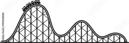 Black and white roller coaster with multiple loops and sharp turns also transparent background amusement park